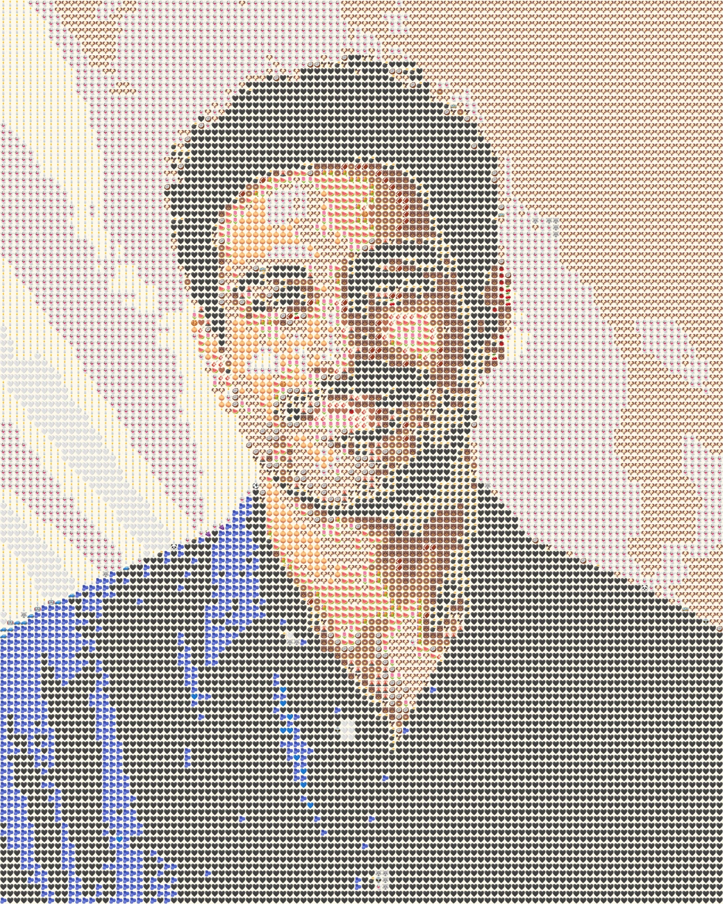 Emoji art from man with dark wavy hair smiling in a blue shirt