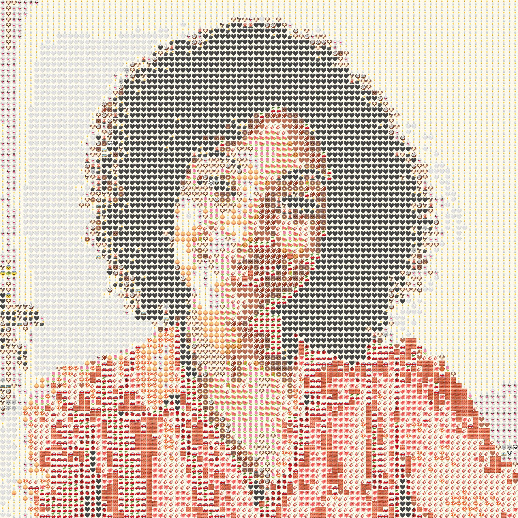 Emoji art from woman with curly hair smiling in a coral shirt
