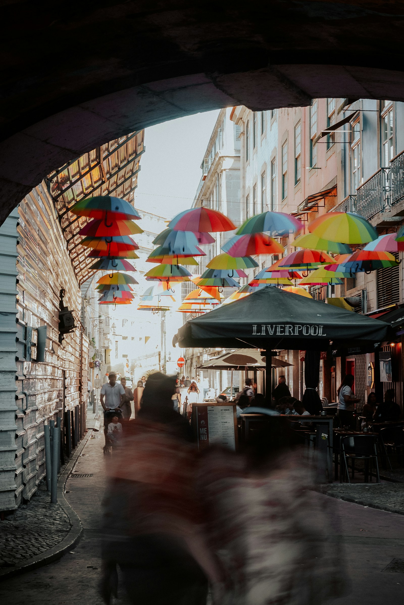 Colorful umbrellas over a street